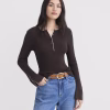 Espresso Brown Dellamorteeco Zyvora Contrast Stitch Ribbed Henley Top