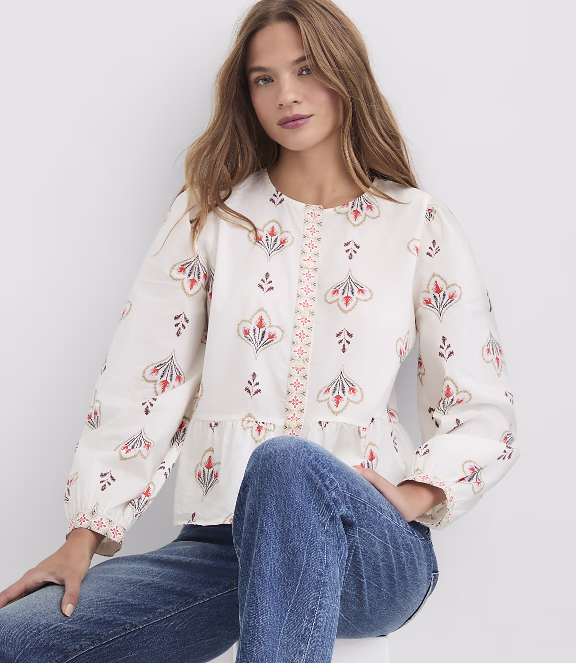 Ivory Floral Zarevia Peplum Long Sleeve Top Dellamorteeco